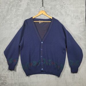 Gian Alberto Cardigan Mens XL Blue Vintage Made in Italy Wool Blend Embroidered